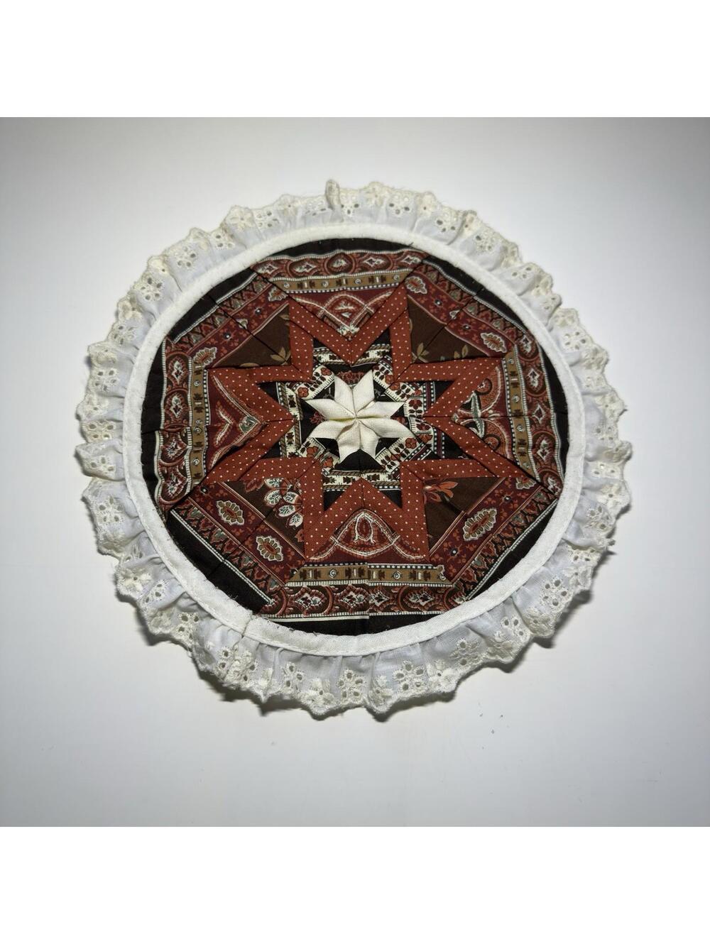Vintage Round Quilted Star Wall Art Folded Star Hot Pad Maroon Red Floral 9”